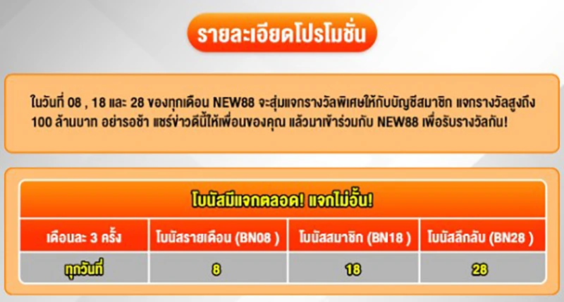 ภาพรวมโปรโมชั่น โบนัสรายเดือน ที่ NEW88