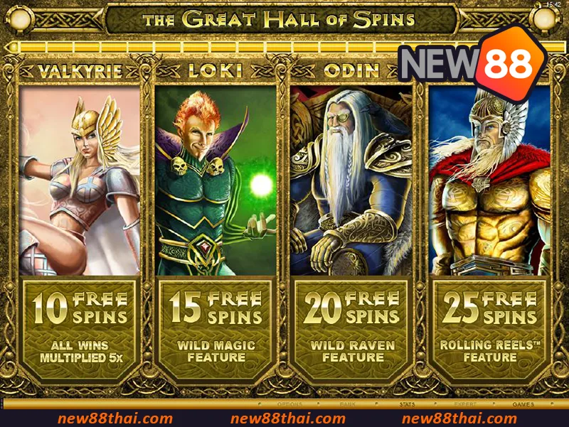 เข้าสู่ Great Hall of Spins ปลดล็อกโบนัสกับ Thor, Odin, Loki และ Valkyrie
